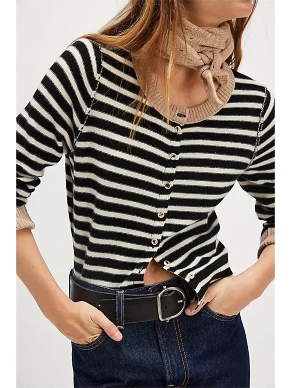 Free People Nocturnal Stripe Cashmere Wool Cardi Cardigan Sweater Neutral Small